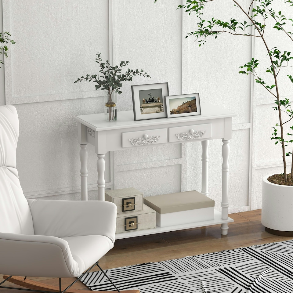 image 1 of HOMCOM Wooden Console Table with Storage Shelf Two Drawers for Entryway White 