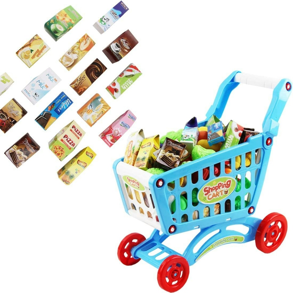 image 1 of Shopping Cart Trolley Play Set for Children – Includes 78 Grocery Food, Fruit, and Vegetable Accessories (Blue)