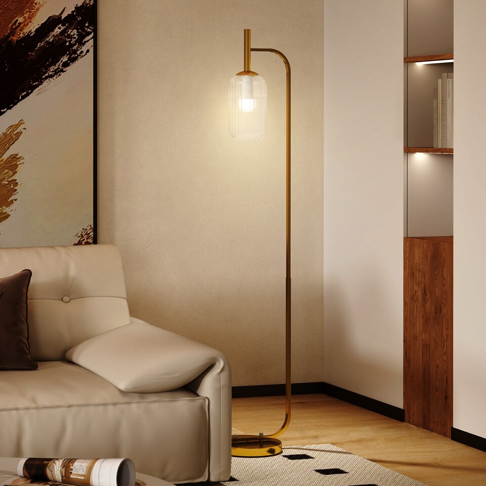 image 1 of HOMCOM Floor Lamp for Living Room with Glass Lampshade, Modern Standing Lamp with Foot Switch for Bedroom, Bulb not Included, Gold Tone