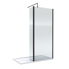 Balterley Fluted Glass Walk In Wetroom Screen and Hinged Return with Profile and Shower Tray | Black | Matt Black