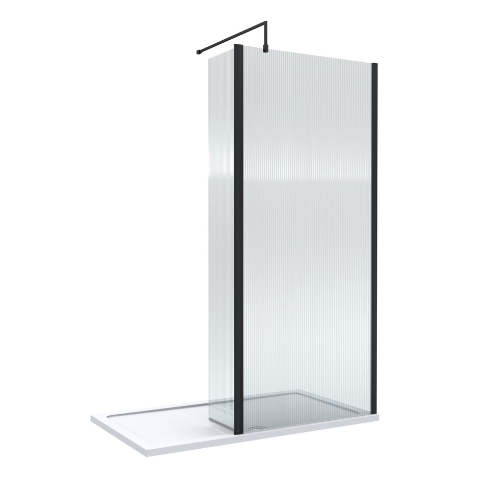Balterley Fluted Glass Walk In Wetroom Screen and Hinged Return with Profile and Shower Tray | Black | Matt Black