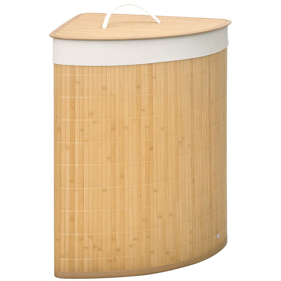 image 1 of HOMCOM Bamboo Laundry Basket with Lid, 55 Litres Laundry Hamper with Removable Washable Lining,  Corner Washing Baskets, 38 x 38 x 57cm, Natural