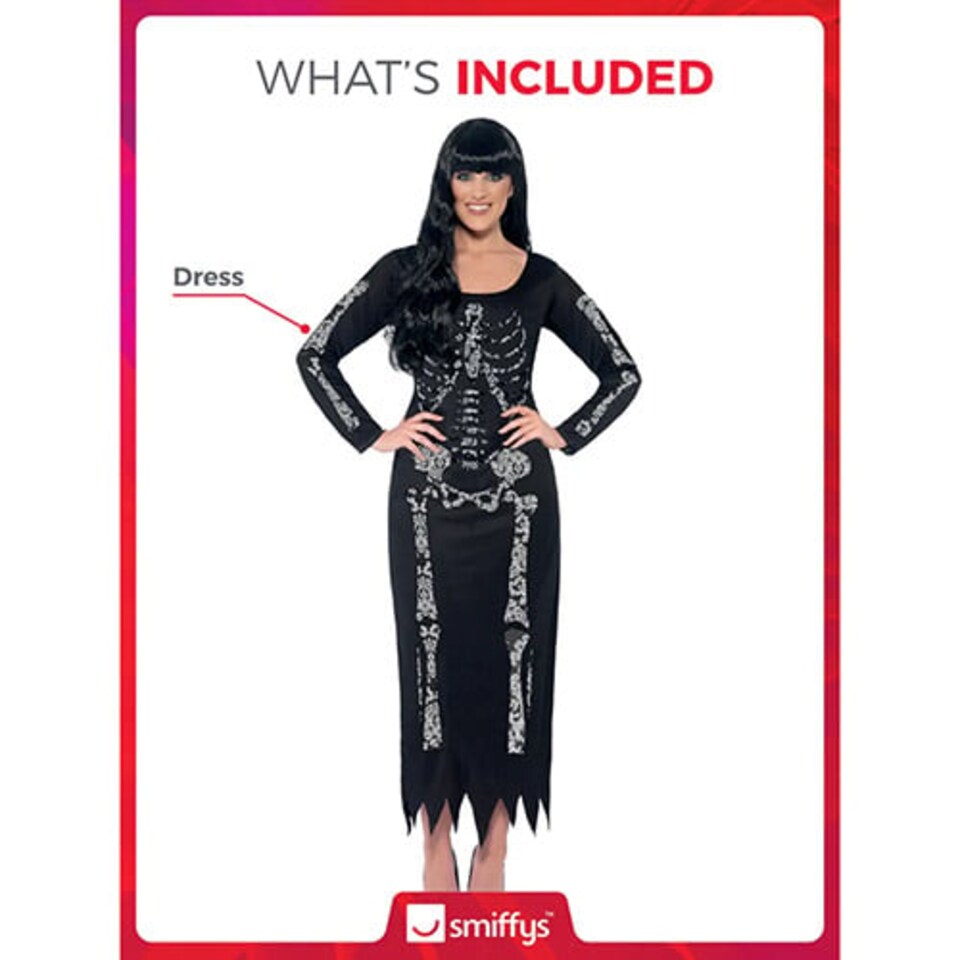 image 1 of Skeleton Tube Dress with Lace Detail Fancy Dress Costume Ladies Large - UK 16-18