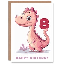 Cute Pink Dinosaur Cartoon Kids Age 8 Year Old Child Kids 8th Birthday Card