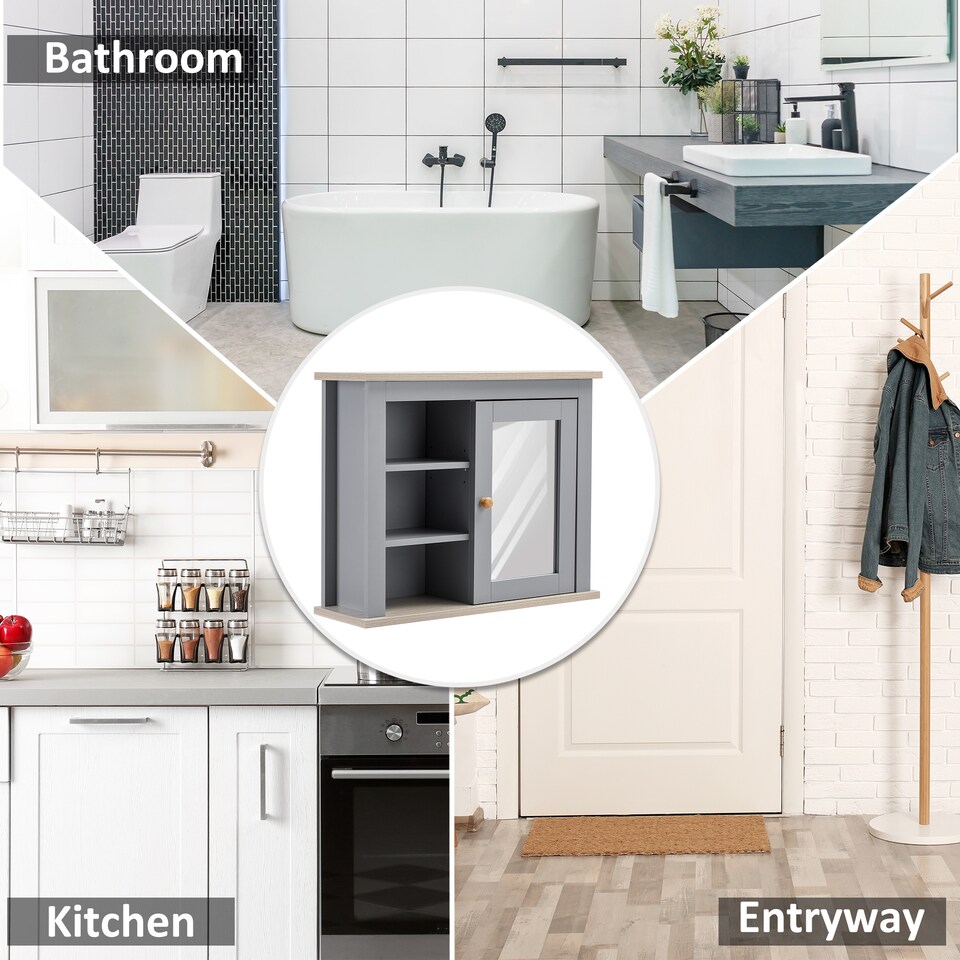 image 1 of kleankin Bathroom Wall Mirror Cabinet, Cupboard with Door, Storage Cabinet with Adjustable Shelf for Corridors Living Rooms, Grey