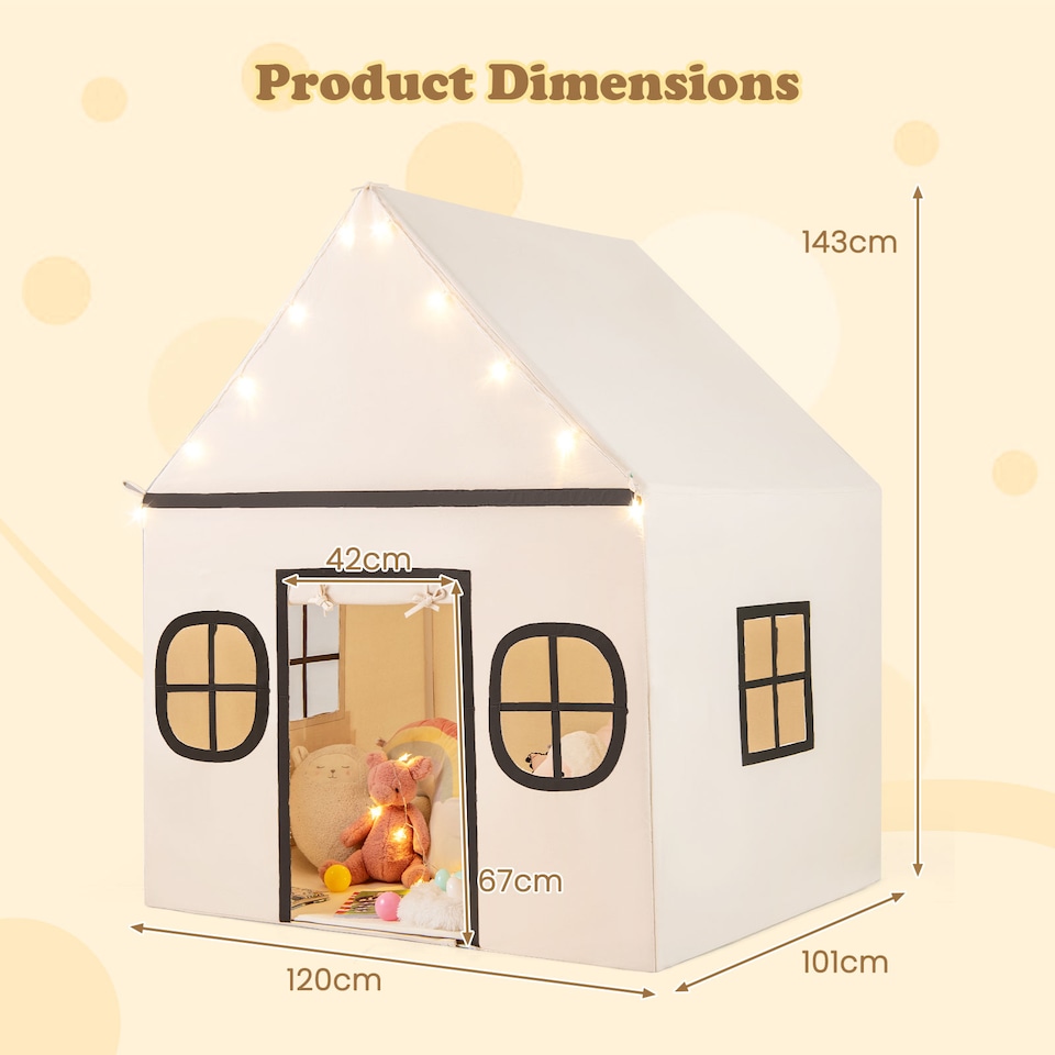 image 1 of COSTWAY Kids Play Tent Large Playhouse w/ Door Curtain & Windows-Beige + Grey