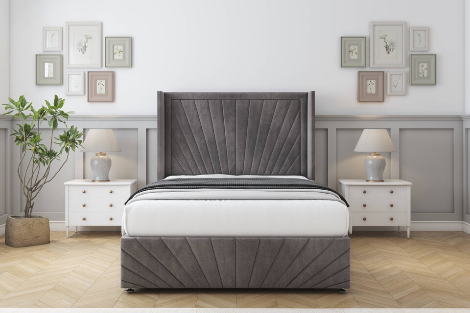 image 1 of Sloomy Rutherford Slate Naples Divan Bed With Mattress No Drawers With 54" Wingback Headboard & 12" Matching Footboard 4'6 Double | Grey | Slate | Double | 1