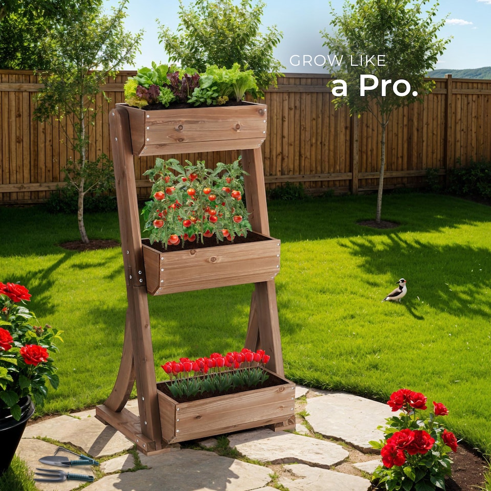 image 1 of Vertical Planter Flora in a Rustic Wooden Design with 3 to 5 Tiers and Plant Fleece Included | Brown | brown | 49 x 60 x 140 cm | 1