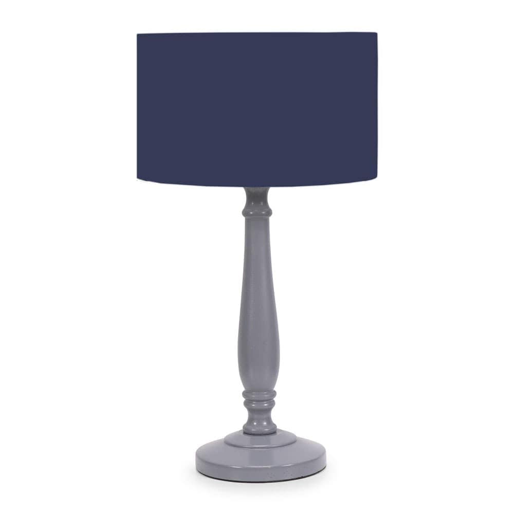 ValueLights Victoria Grey Wood Traditional Table Lamp with Fabric Drum Shade & LED Bulb in Navy