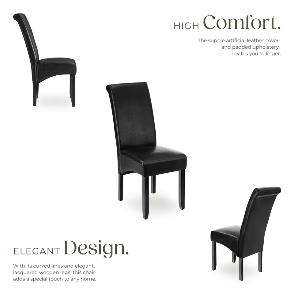 image 1 of Dining Chair - ergonomic seat shape, high backrest, padded, faux leather - Set of 4 Black