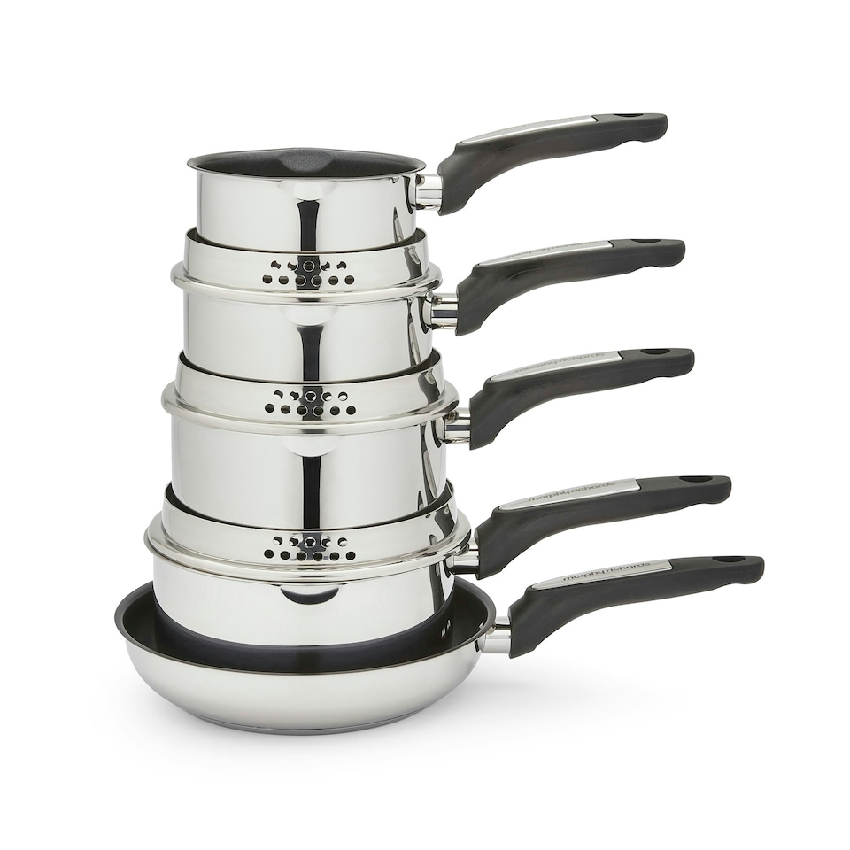image 1 of Morphy Richards 5 Piece Pouring Spout Stainless Steel Pan Set Silver