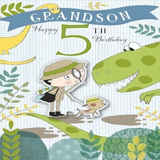 Cute Explorer and Dinosaur Design Grandson 5th Birthday Card
