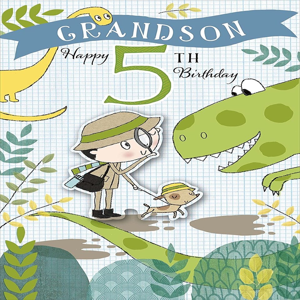 image 1 of Cute Explorer and Dinosaur Design Grandson 5th Birthday Card