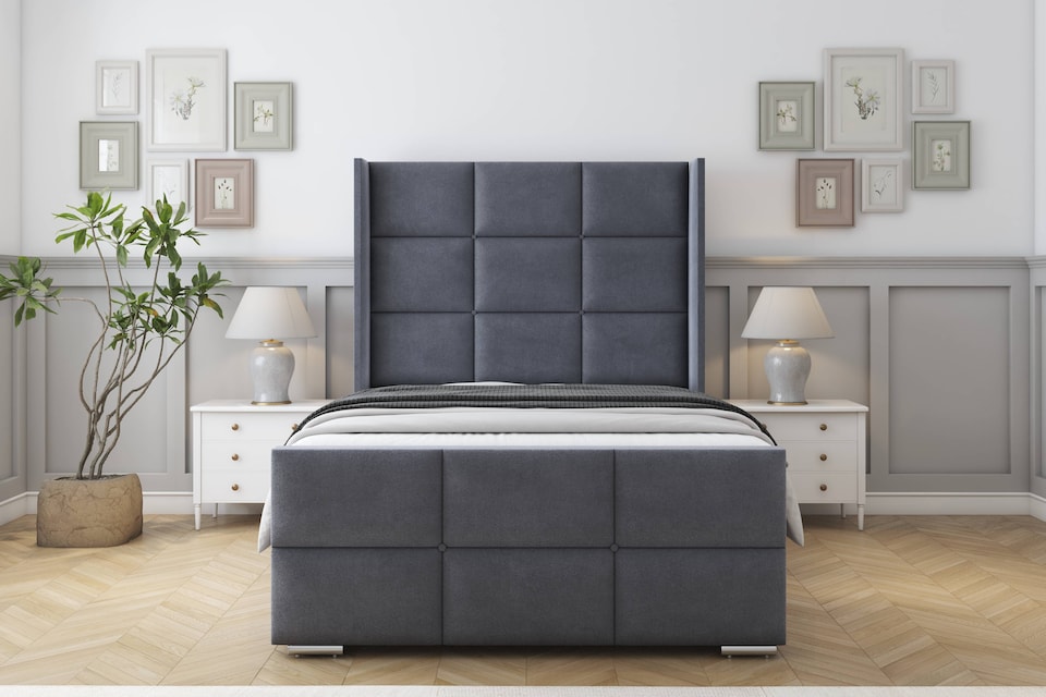 image 1 of Sloomy Beaumont Steel Plush Bed Frame With Mattress With 50"  Upholstered Wingback Headboard 5' King