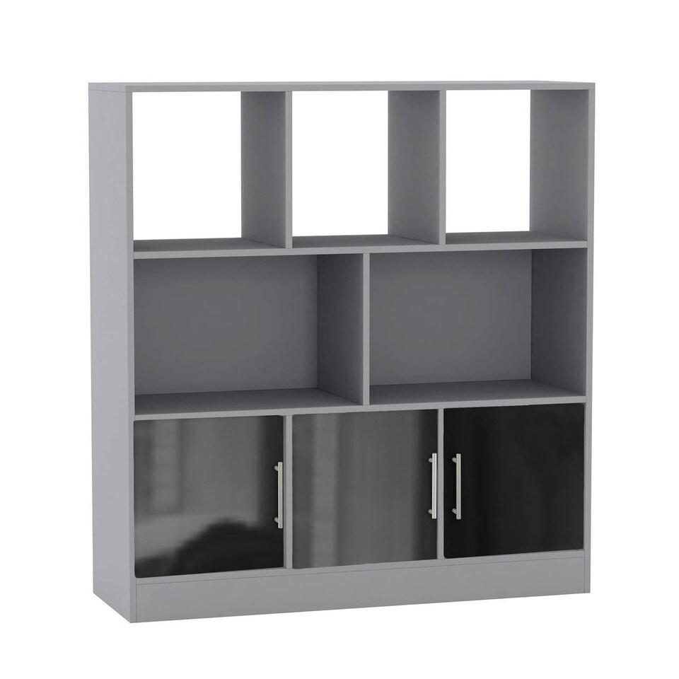 Asymmetrical 8 Cube Grey Freestanding Bookcase Shelf Storage Unit with 3 Doors Multi Gloss Doors - Black 1