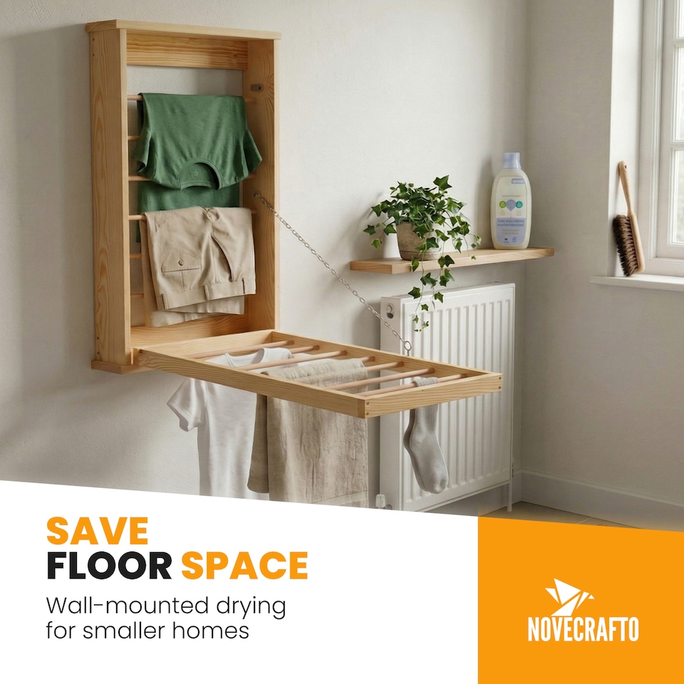 image 1 of Natural Wall Mounted Wooden Clothes Drying Rack with Double side Rails - Foldable and Space-Saving Clothes Airer