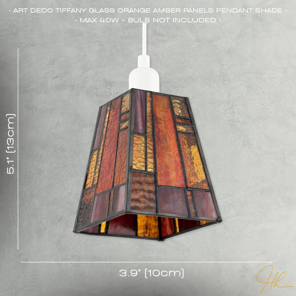 image 1 of Art Deco Tiffany Glass Pendant Shade with Orange and Amber Panels