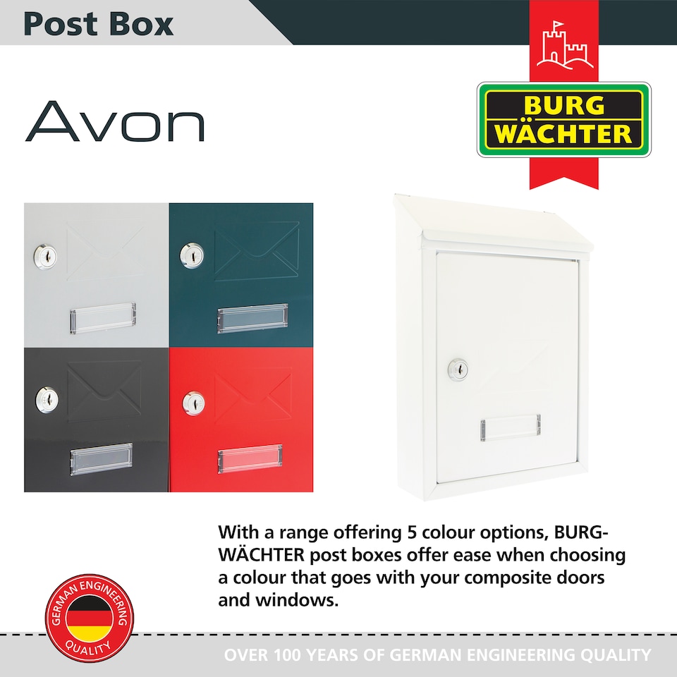 image 1 of Burg-Wachter White Avon Dual Entry Wall Mounted Galvanised Steel Lockable Weatherproof Post Box - 21x30x7cm | White | White