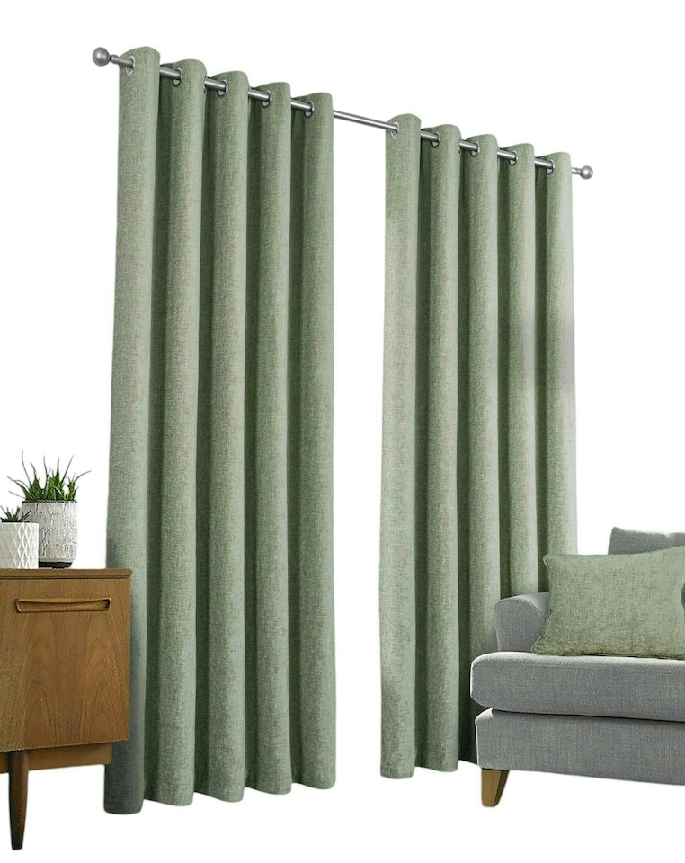 image 1 of Amberley - Thermal Interlined Chenille Curtains - Eyelet - 100% Polyester (Sage, 66'' x 90'' - 168cm x 229cm (Pair)) | Green | Green