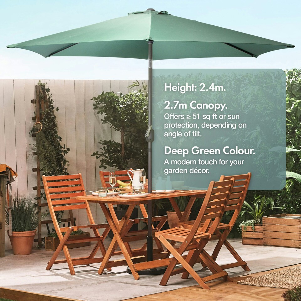 image 1 of VonHaus Steel Parasol Dark Green 2.7m & Base Set (12kg) Green | Black
