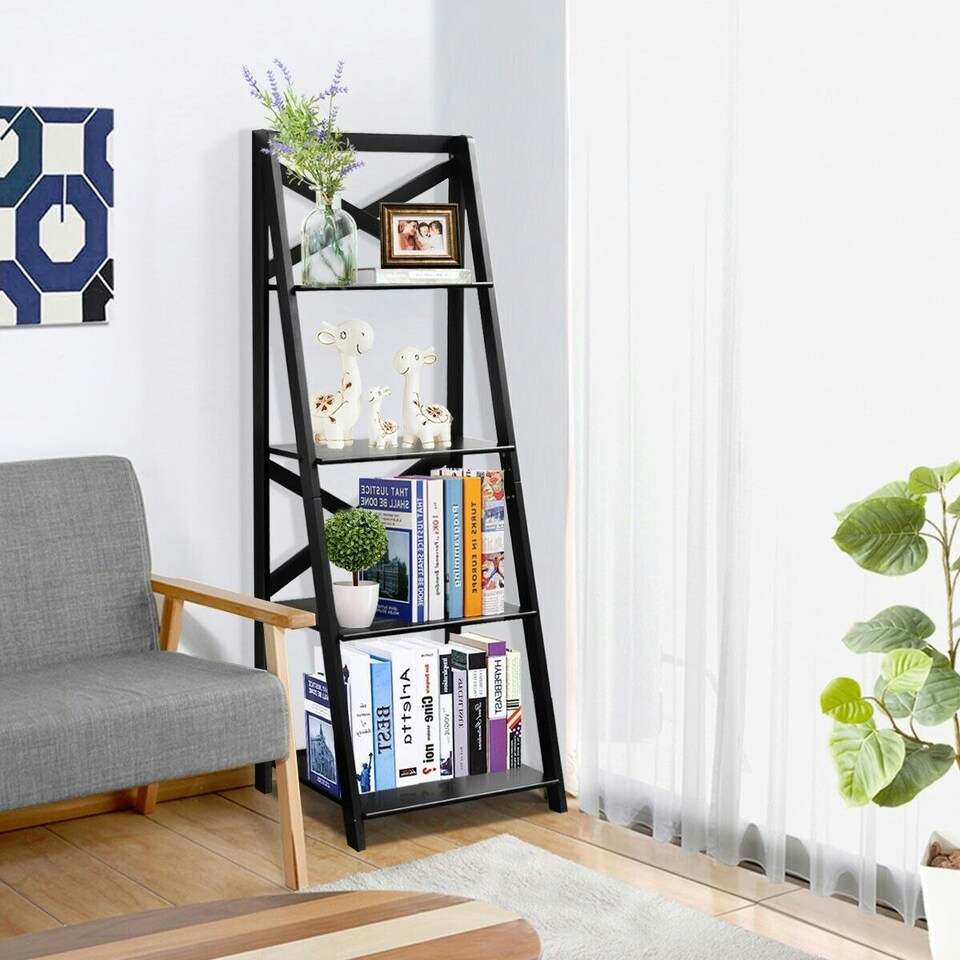 image 1 of COSTWAY 4 Tier Ladder Shelf Storage Wooden Bookcase Black Black