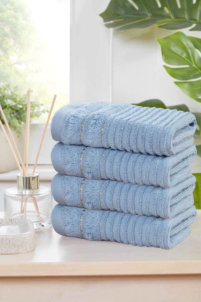 Linear Pure Cotton Face Cloth Towels Set Of 4 | Blue | Face cloth | 4