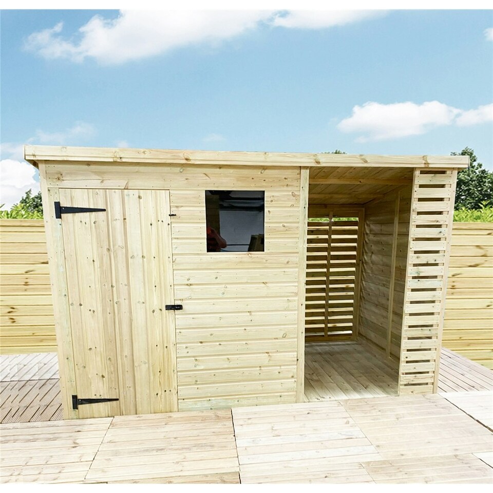 image 1 of 12 x 3 Garden Shed Pressure Treated T&G PENT Wooden Garden Shed + SIDE STORAGE + 1 Window (12' x 3' / 12ft x 3ft) (12 x 3)