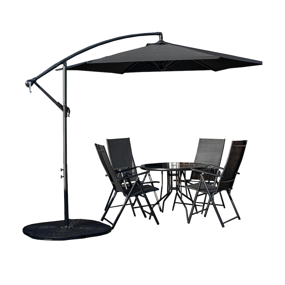 image 1 of Outdoor 4 Person Round Glass Top Garden Dining Table Chairs With Black Banana Parasol and Base