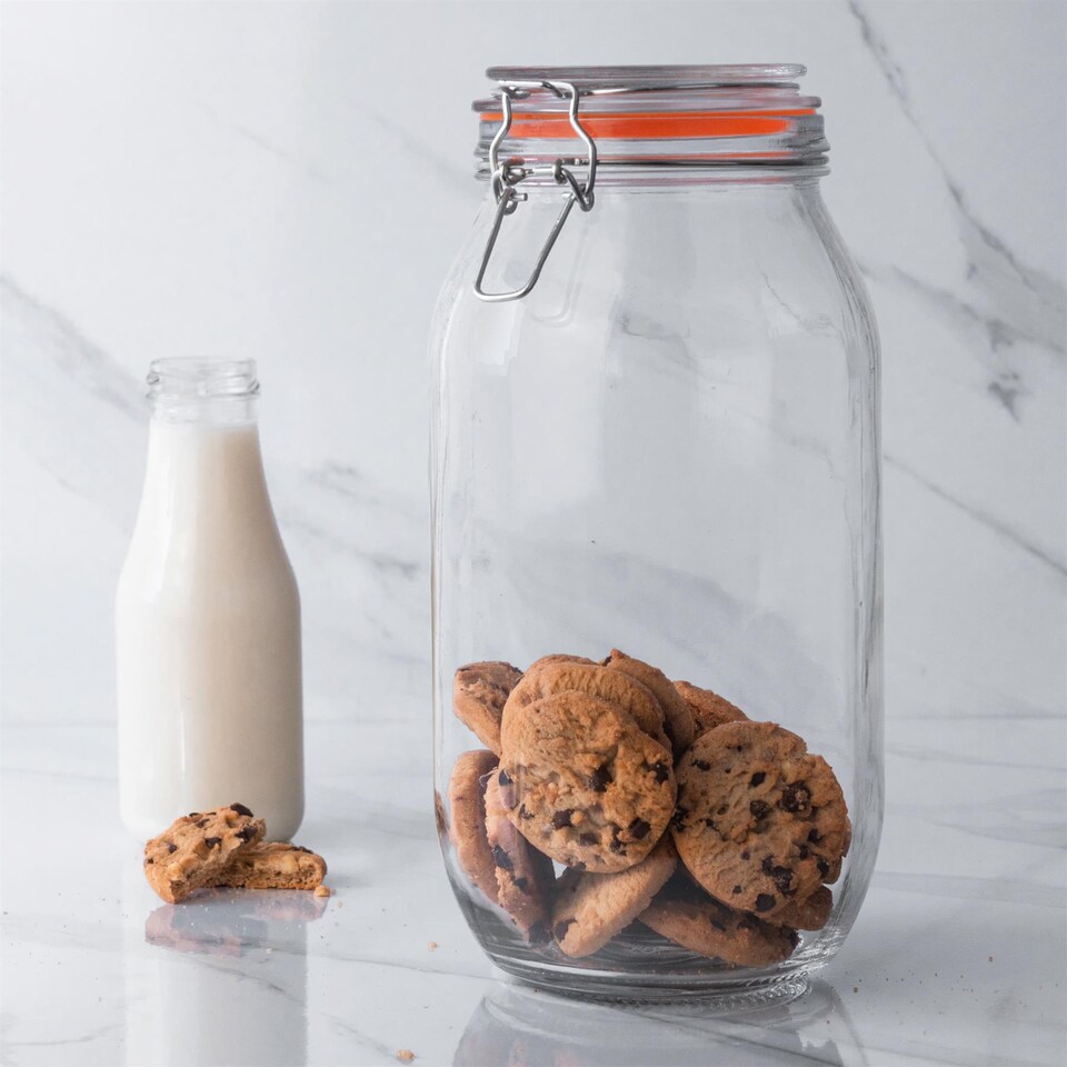 image 1 of Argon Tableware 3x Glass Storage Jars & Labels Set - 2 Litre - 4 Colour Seals Airtight Kitchen Storage Container Preserving Jar