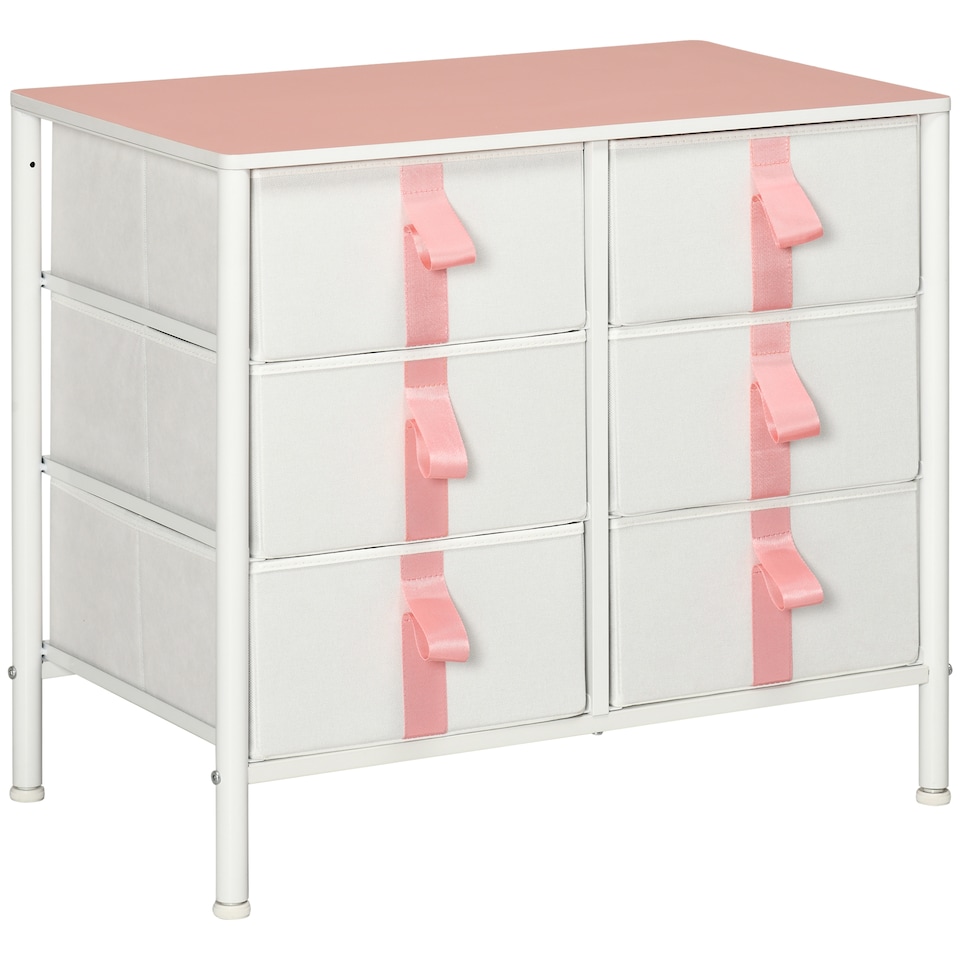 image 1 of HOMCOM Chest of Drawers, Cloth Organizer Unit with 6 Fabric Drawers, Metal Frame and Wooden Top, Storage Cabinet for Kids Room, Living Room, Closet, Hallway, Pink