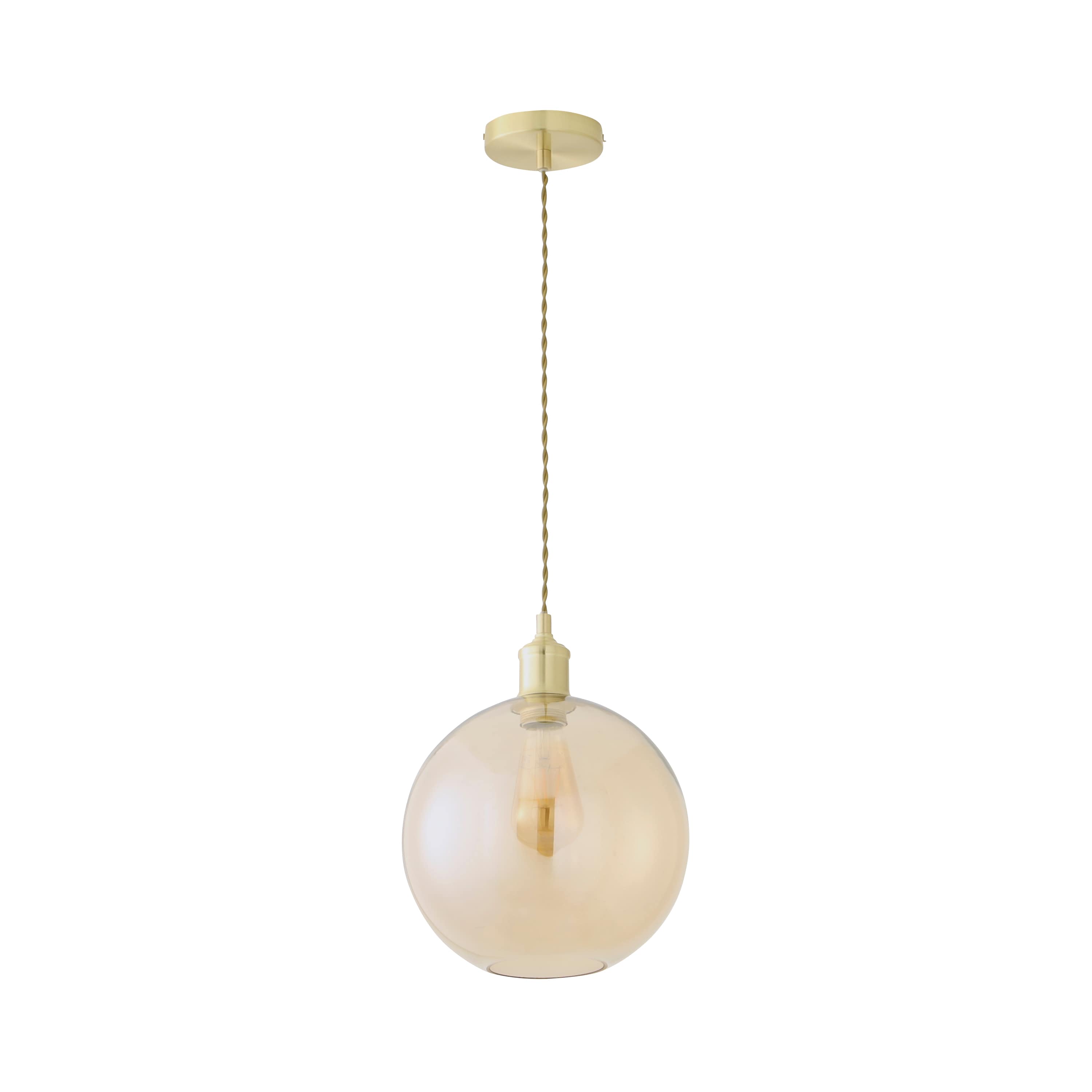 ValueLights Bellamy Amber Glass Globe Brushed Gold Single Ceiling Pendant Light with Bulb
