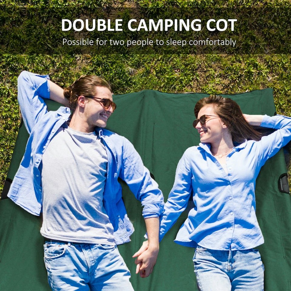 image 1 of Outsunny Double Camping Folding Cot Outdoor Portable Sleeping Bed, Green
