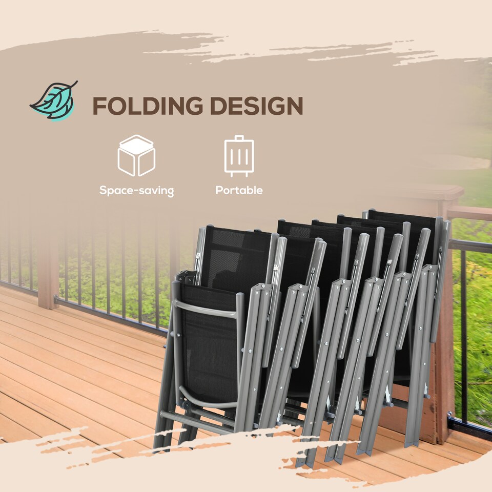 image 1 of Outsunny 7 Piece Garden Dining Set, Outdoor Table and 6 Folding and Reclining Chairs, Aluminium Frame, Tempered Glass Top Table, Texteline Seats, Black