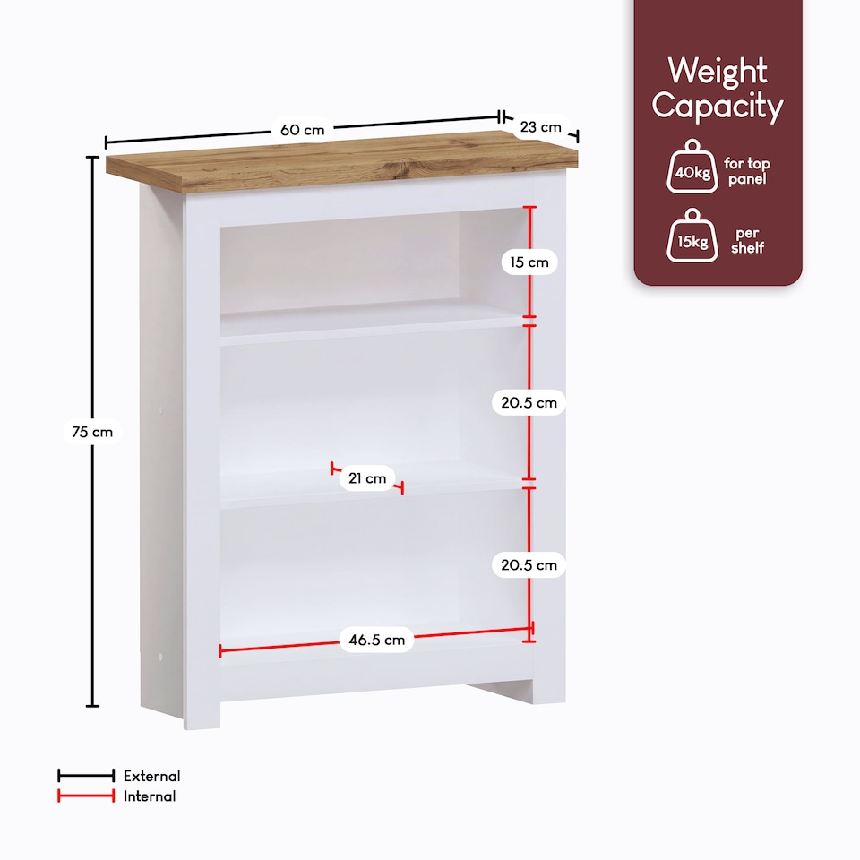 image 1 of Vida Designs Arlington 3 Tier Bookcase Shaker Style Display Storage, White & Oak