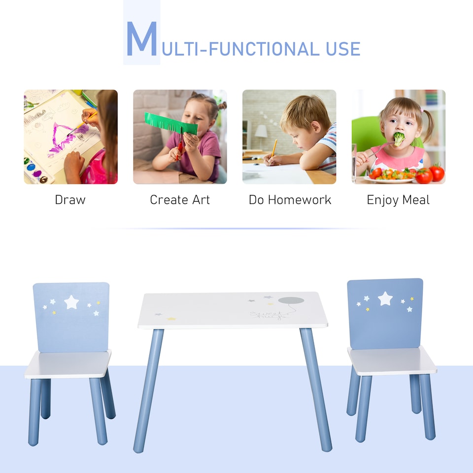 image 1 of HOMCOM 3 Pcs Kids Table & Chairs Dining Set Wood Legs Safe Corners Stars Seating