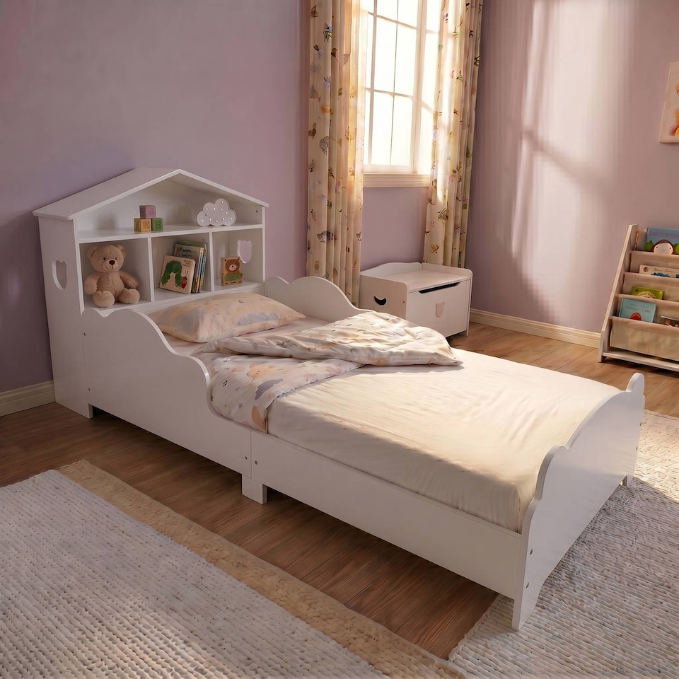 image 1 of TOTO Wooden Toddler Bed w/ Integrated Bookshelf Storage Junior Kids Frame - White
