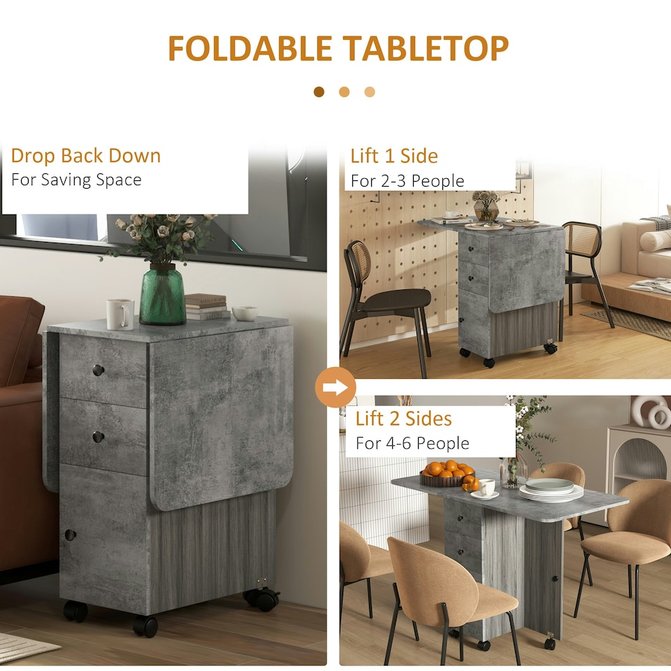 image 1 of HOMCOM Folding Dining Table, Drop Leaf Table With Storage Drawers Grey Marble