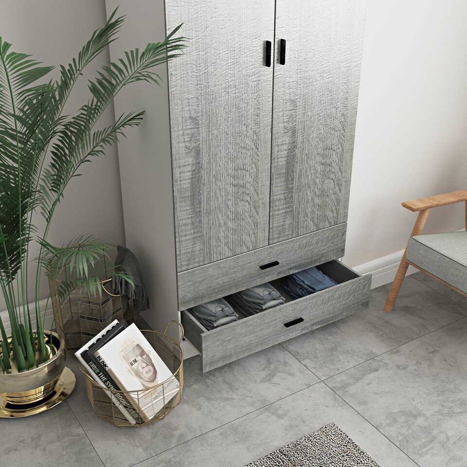 image 1 of 2-Door 2-Drawer Wardrobe with Storage Shelf, and Hanging Space - 180x75x46cm | White | White & Ash Grey | 1