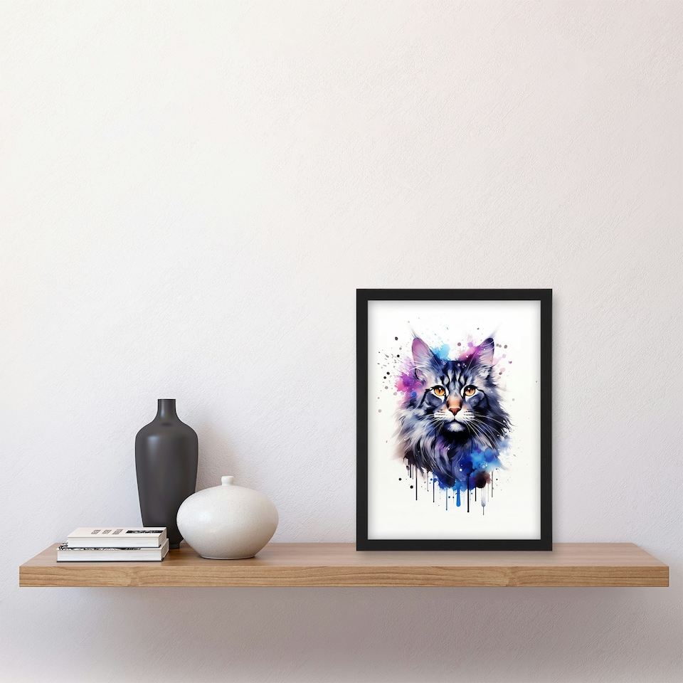 image 1 of Cat Maine Coon Watercolour Pet Portrait Black Framed Wall Art Print A4