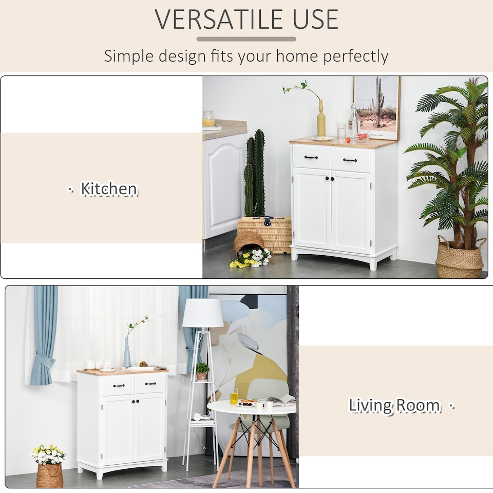 image 1 of HOMCOM Modern Kitchen Cupboard, Wooden Storage Cabinet, Tableware Organizer with 2 Drawers for Living & Dining Room, White