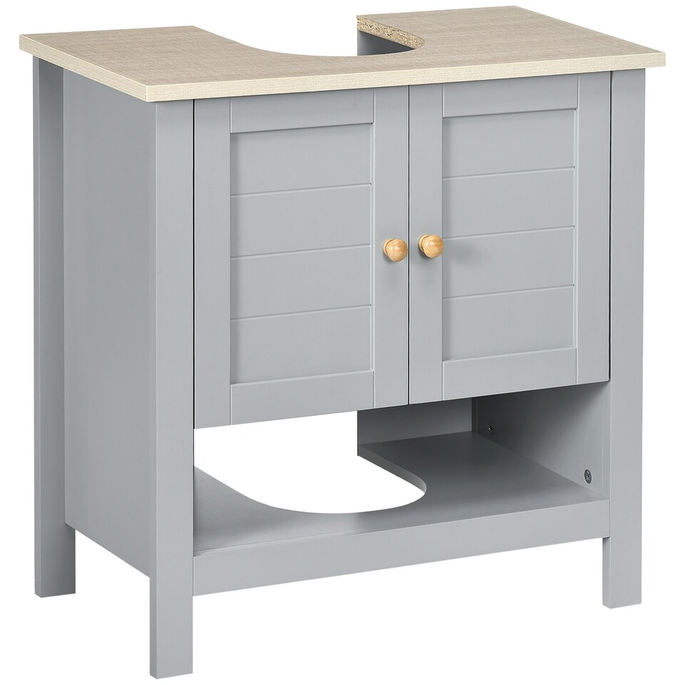 image 1 of kleankin Bathroom Under Sink Cabinet with Adjustable Shelf, White, Grey White | White, Grey