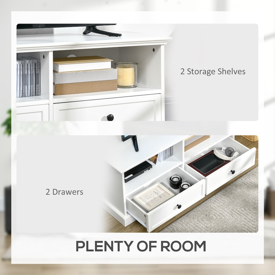 image 1 of HOMCOM Modern TV Unit Cabinet for TVs up to 45 Inches, TV Stand with Drawers, Open Shelves, Cable Holes for Living Room, White
