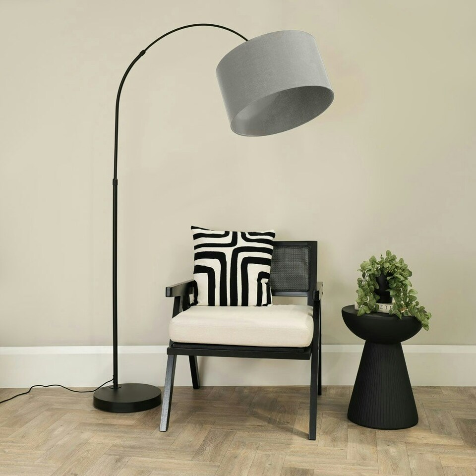 image 1 of ValueLights Louis Black Arched Curved Floor Lamp with Grey Fabric Drum Lamp Shade