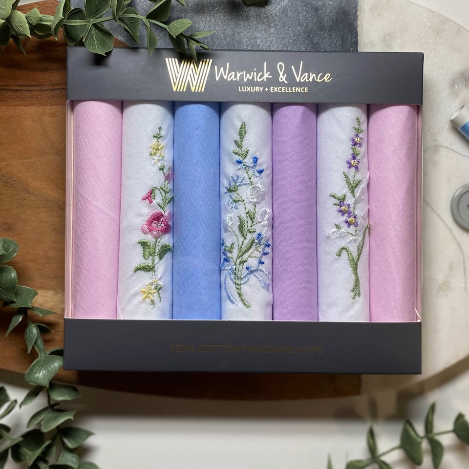 image 1 of Warwick & Vance Pack Of 7 Ladies Handkerchiefs with Floral Embroidered Designs