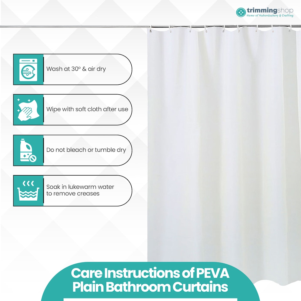 image 1 of PEVA Plain Mould & Mildew Resistant Shower Curtain with 12 Hooks - 180x180cm