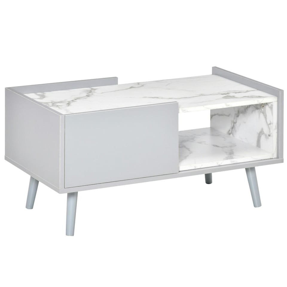 image 1 of HOMCOM Two-Tone Coffee Table Marble Effect w/ Storage Wood Legs Grey