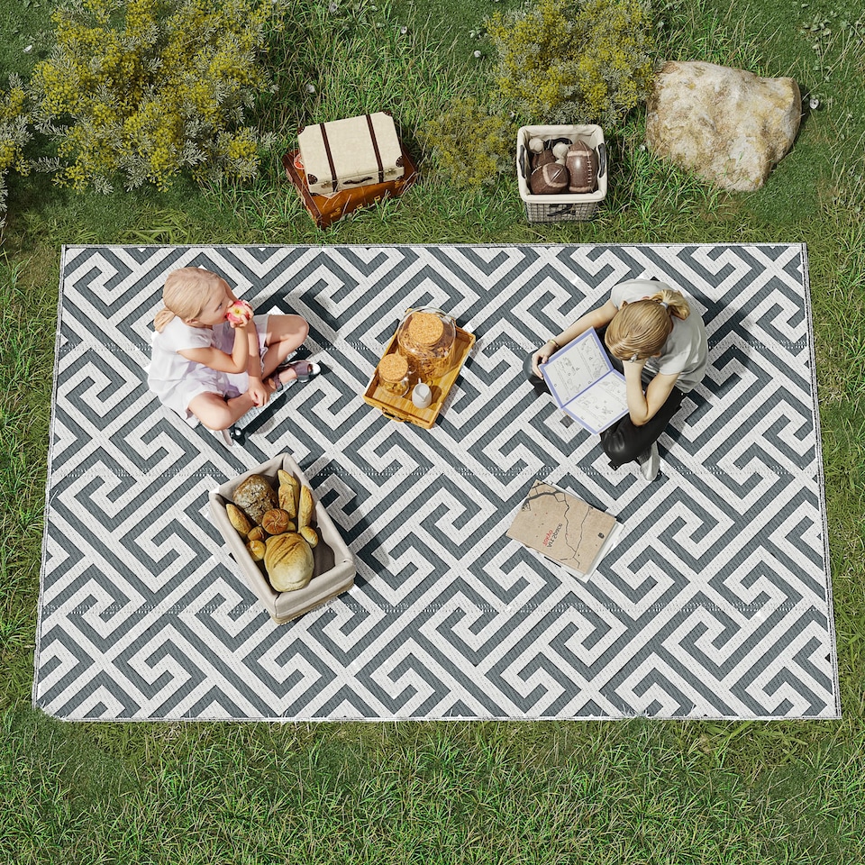 image 1 of Outsunny Reversible Outdoor Rug Plastic Straw RV Camping Mat for Garden Deck Picnic | Grey | Light Grey | 152cm x 243cm x 0.3cm