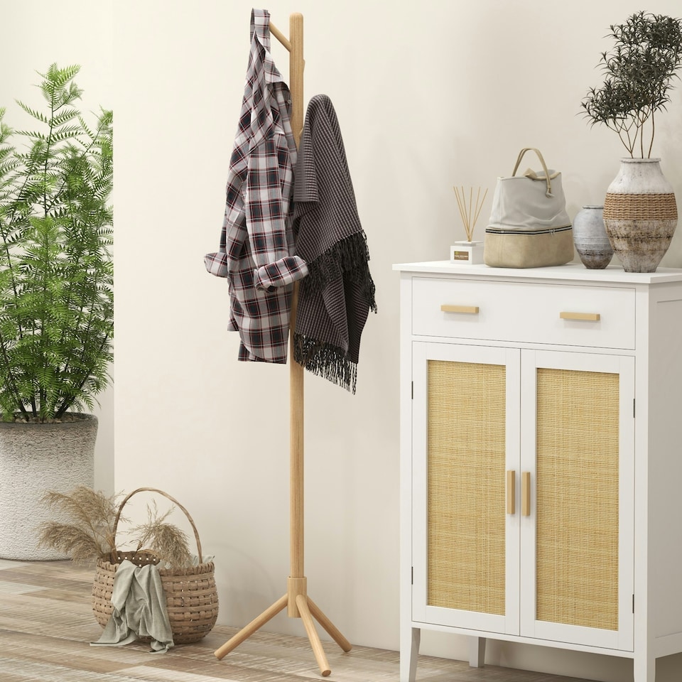 image 1 of HOMCOM Coat Rack Bamboo Coat Stand with 8 Hooks for Handbags, Natural