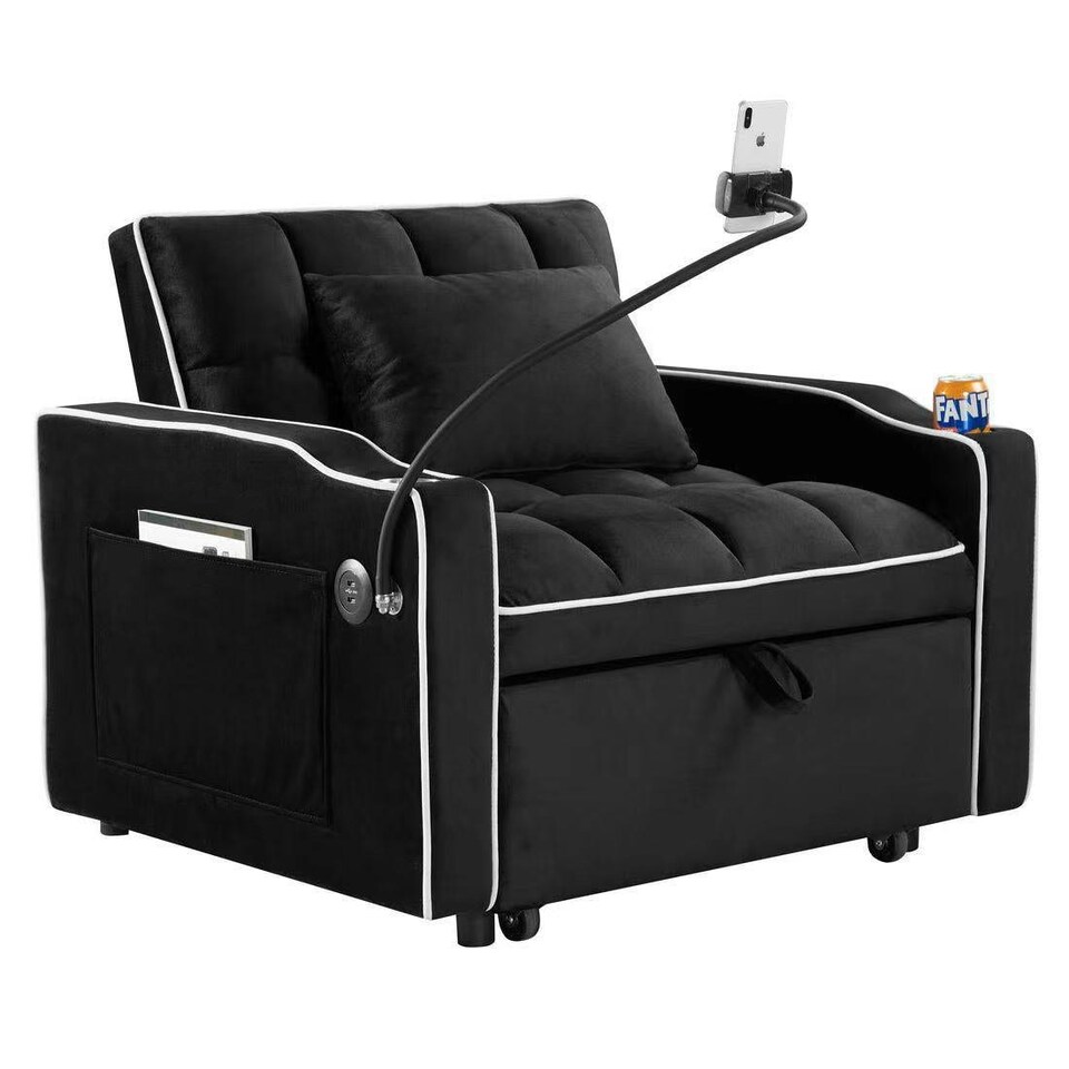 image 1 of 3-in-1 Convertible Sofa Bed Sleeper Chair with Adjustable Backrest, USB Charging & Cup Holder for Small Spaces Grey
