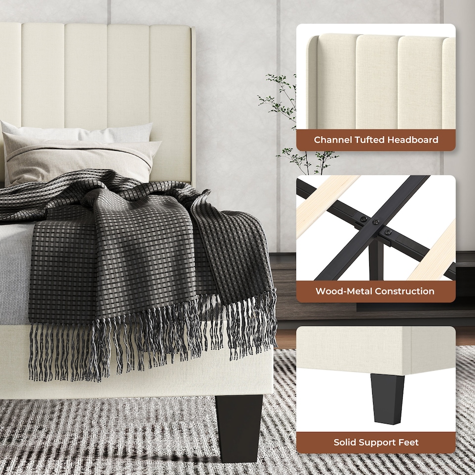 image 1 of Levede Double Bed Frame Metal and Wood Plush Upholstered Mattress Base